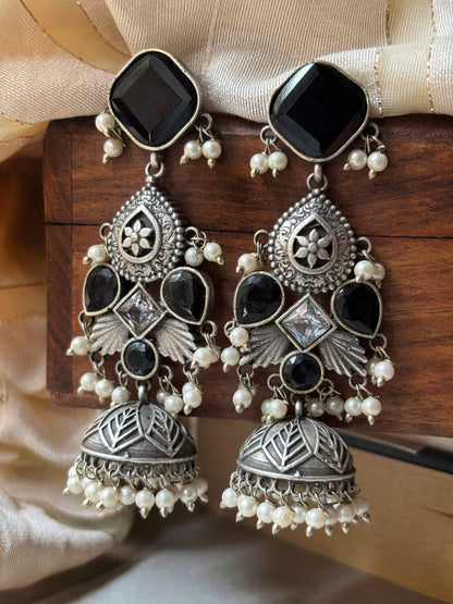 Ikshula Monalisa Stone Oxidized Jhumka Earrings
