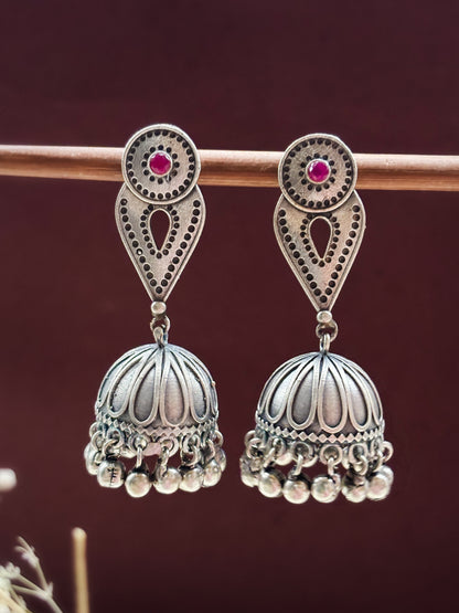 Inika Red Monalisa Stone Oxidized Silver Jhumka with Ghungroo