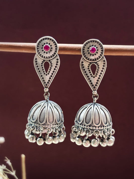 Inika Red Monalisa Stone Oxidized Silver Jhumka with Ghungroo