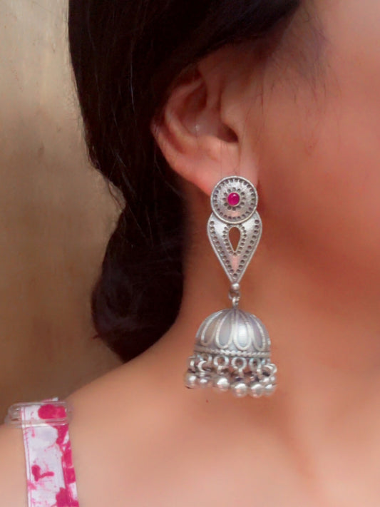 Inika Red Monalisa Stone Oxidized Silver Jhumka with Ghungroo