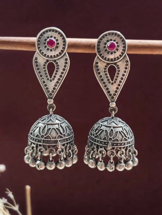 Inika Red Monalisa Stone Oxidized Silver Jhumka with Ghungroo