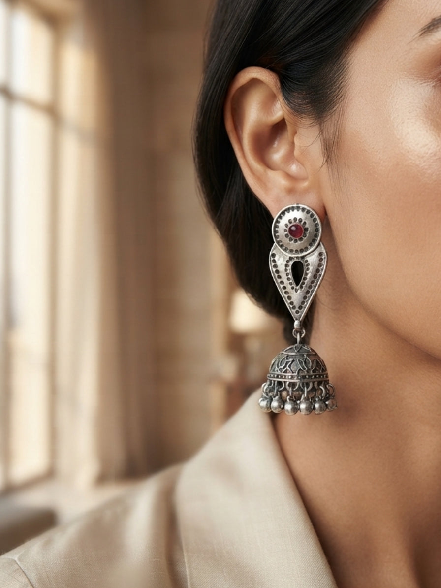 Inika Red Monalisa Stone Oxidized Silver Jhumka with Ghungroo