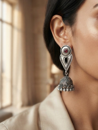 Inika Red Monalisa Stone Oxidized Silver Jhumka with Ghungroo