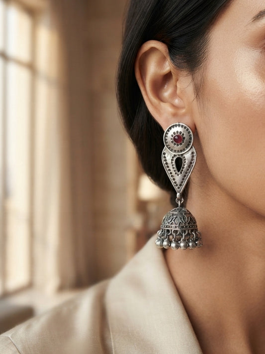Inika Red Monalisa Stone Oxidized Silver Jhumka with Ghungroo