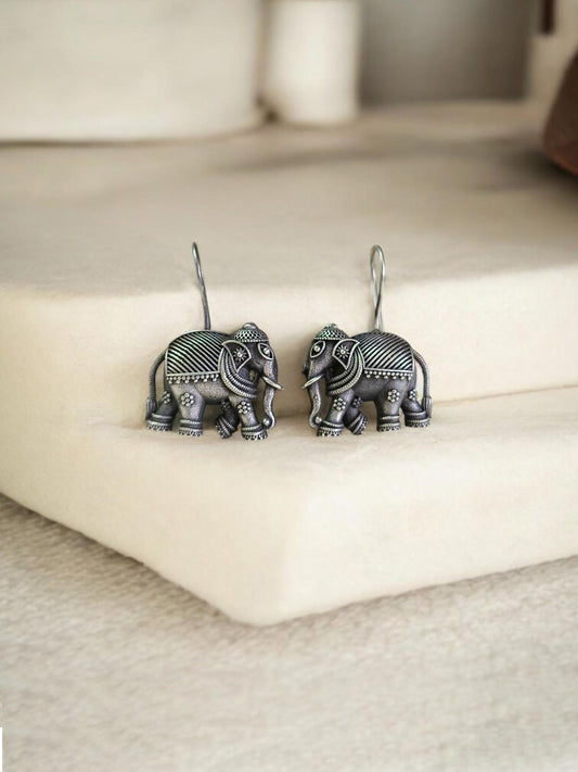 Iraavati Hook Elephant Oxidized Boho Earrings
