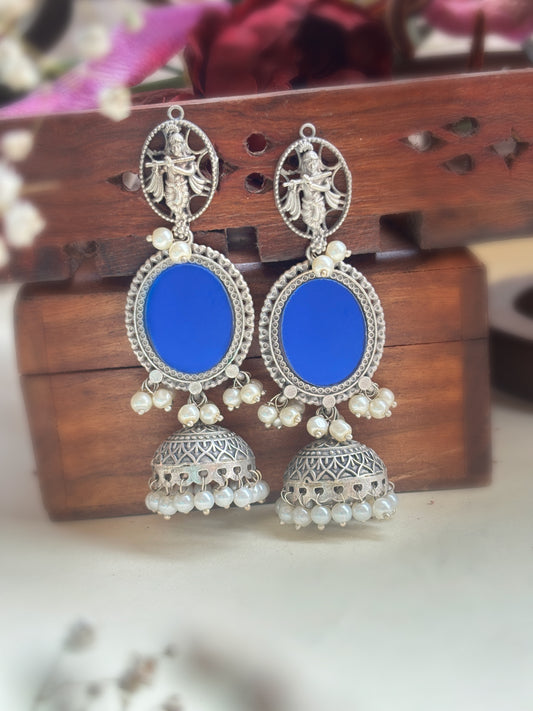 Iyana Blue Mirror Glass Silver Pearl Jhumka – Oxidized Boho Earrings