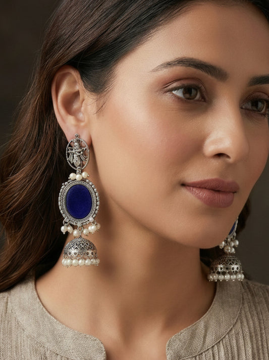 Iyana Blue Mirror Glass Silver Pearl Jhumka – Oxidized Boho Earrings