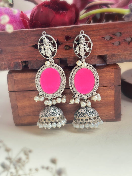 Iyana Pink Mirror Glass Silver Pearl Jhumka – Oxidized Boho Earrings