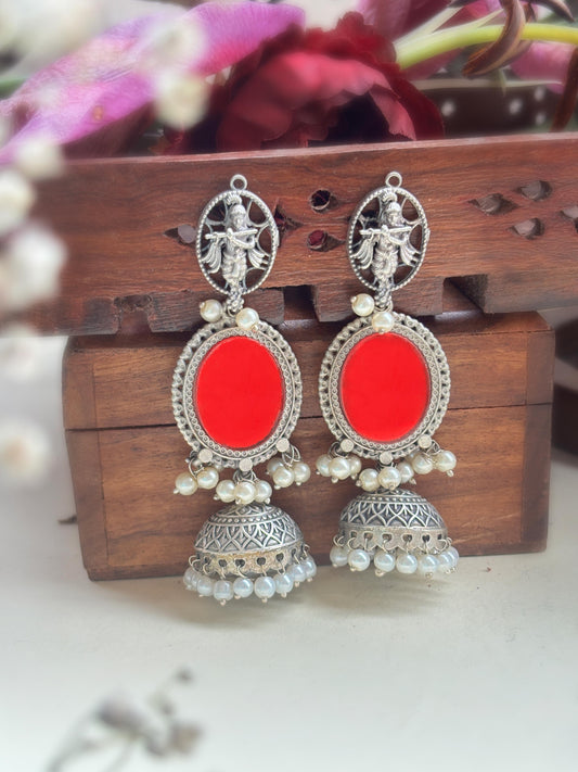Iyana Red Mirror Glass Silver Pearl Jhumka – Oxidized Boho Earrings