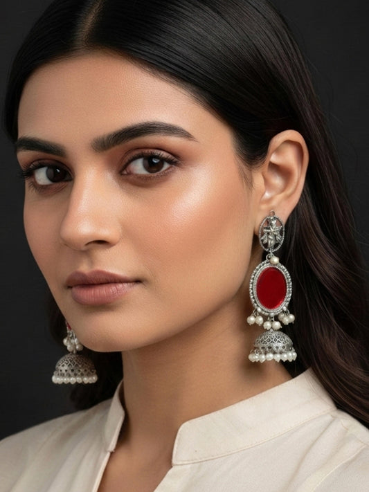 Iyana Red Mirror Glass Silver Pearl Jhumka – Oxidized Boho Earrings