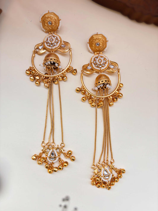 Jareen Pearl & Kundan Kashmiri Ghungroo Golden Dangle Earrings