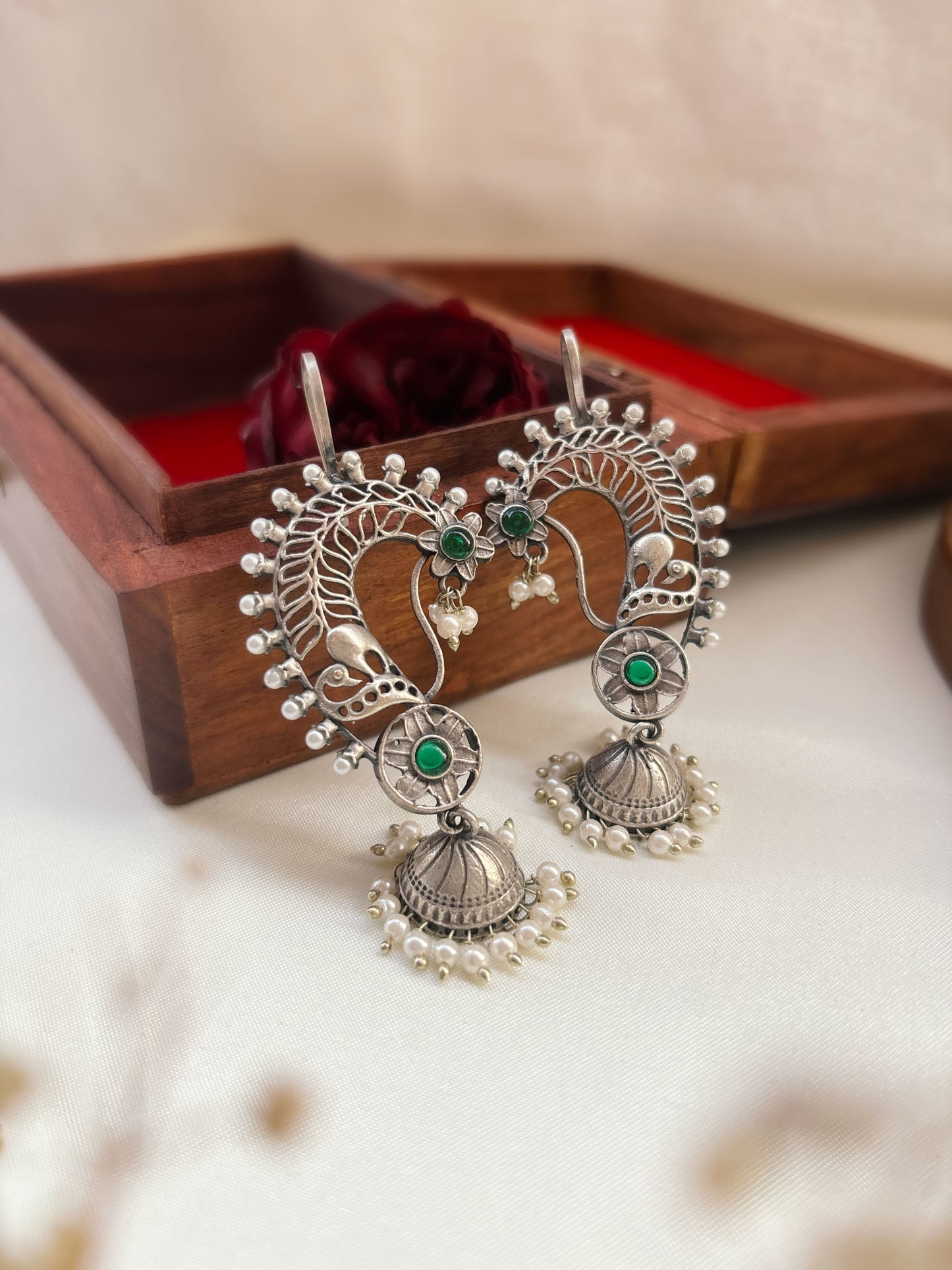 Jarul Green Earcuff Jhumki Oxidized Earrings
