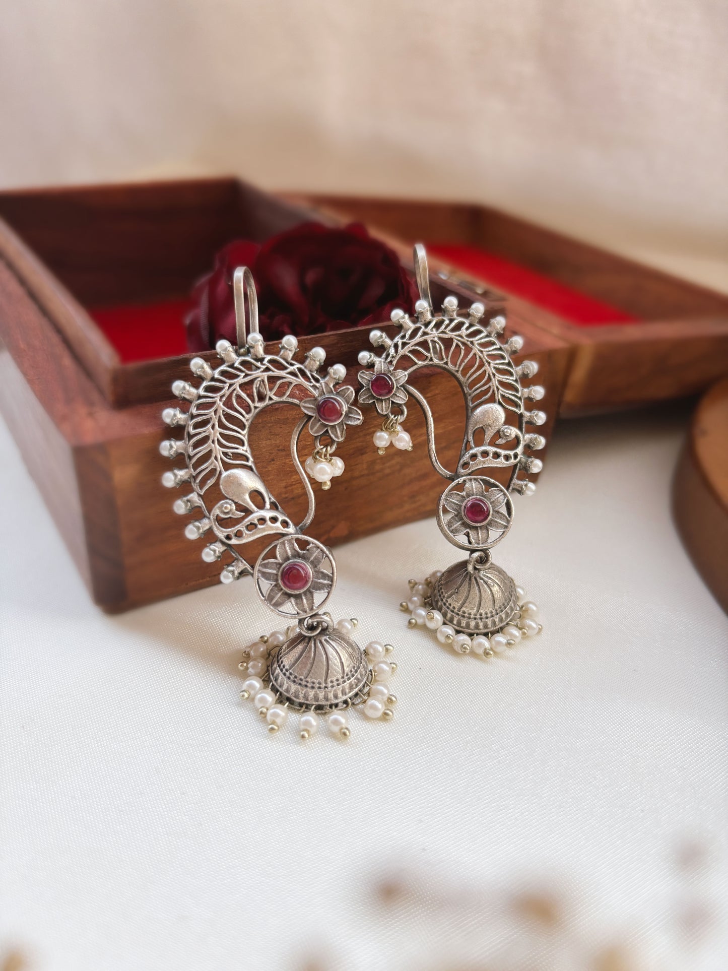 Jarul Magenta Red Earcuff Jhumki Oxidized Earrings
