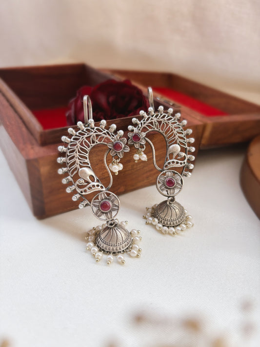 Jarul Magenta Red Earcuff Jhumki Oxidized Earrings