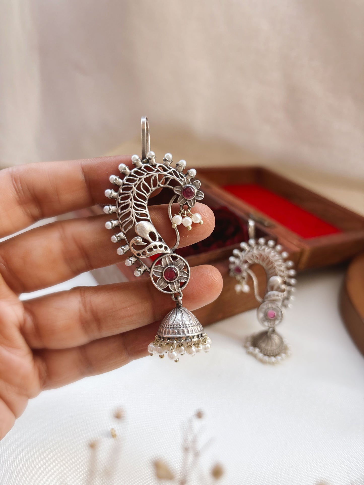 Jarul Magenta Red Earcuff Jhumki Oxidized Earrings