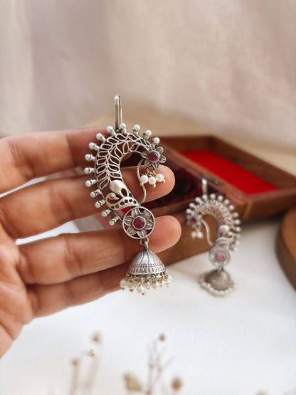Jarul Magenta Red Earcuff Jhumki Oxidized Earrings