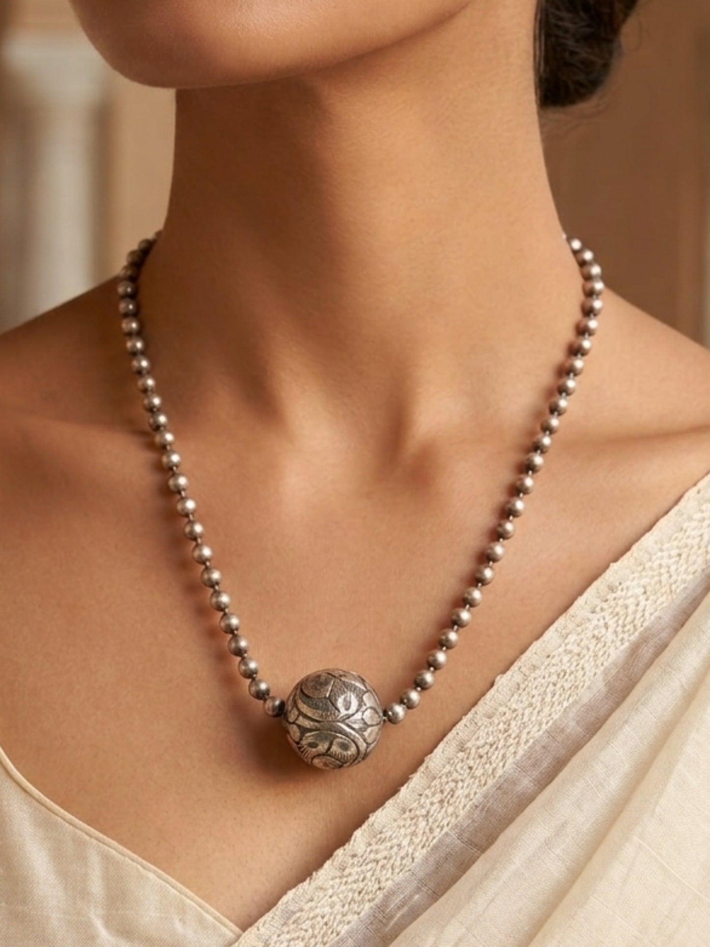Kandukī Oxidised Silver Ball Chain Necklace