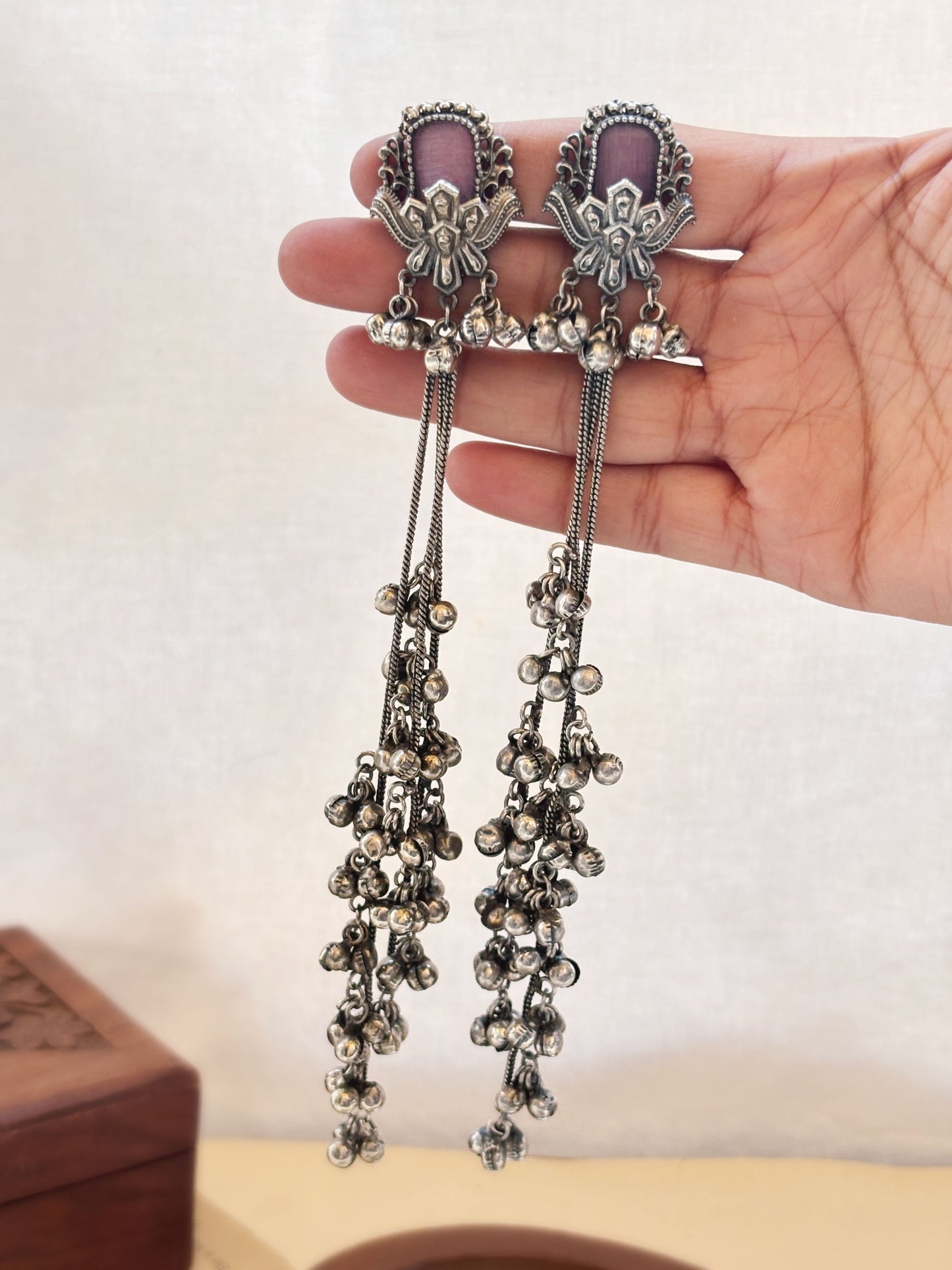 Kara Pink Pearl Monalisa Stone Long Kashmiri Ghungroo Earrings