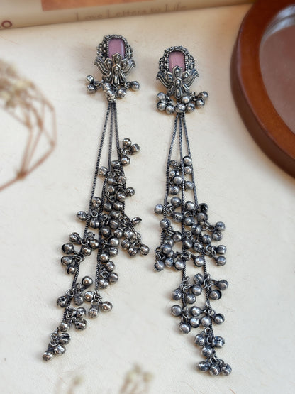 Kara Pink Pearl Monalisa Stone Long Kashmiri Ghungroo Earrings