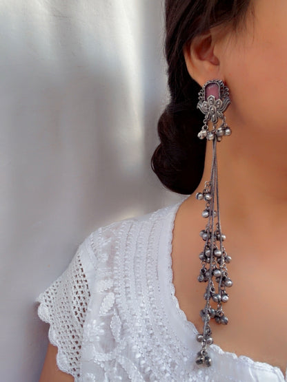 Kara Pink Pearl Monalisa Stone Long Kashmiri Ghungroo Earrings