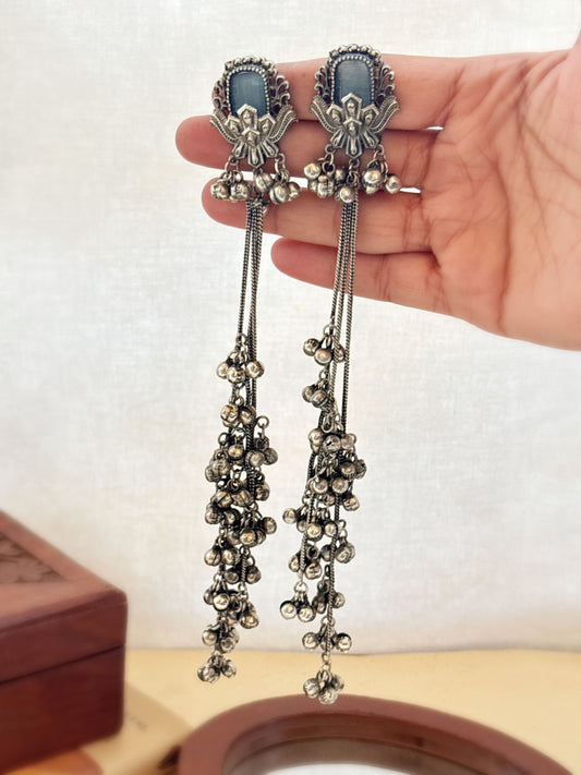 Kara SkyBlue Pearl Monalisa Stone Long Kashmiri Ghungroo Earrings