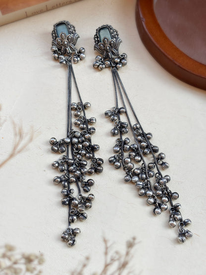 Kara SkyBlue Pearl Monalisa Stone Long Kashmiri Ghungroo Earrings