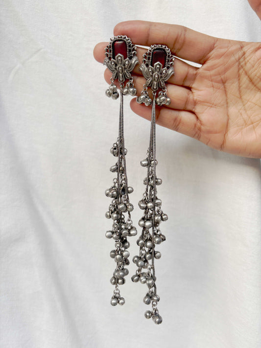 Kara Red Monalisa Stone Long Kashmiri Ghungroo Oxidized Earrings