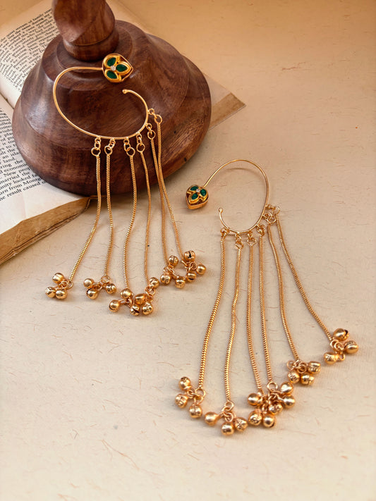 Karnapatra Green Monalisa Stone Golden Long Ghungroo Earcuffs