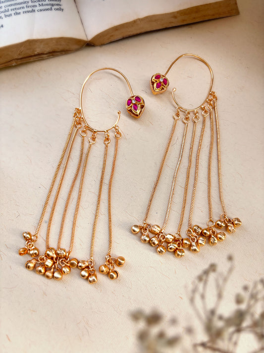 Karnapatra Magenta Monalisa Stone Golden Long Ghungroo Earcuffs