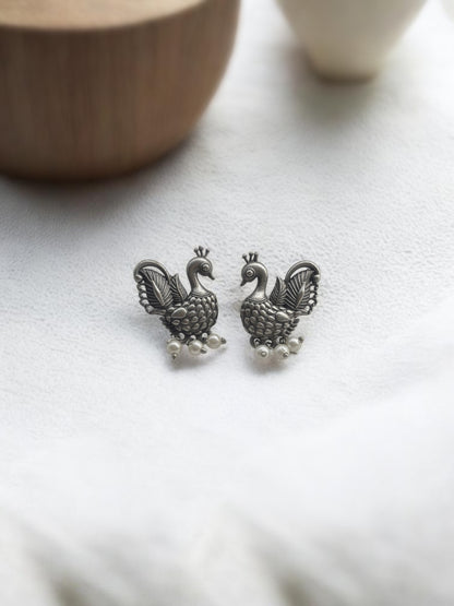 Quirky Keki Small Pearl Studs – Oxidized Silver Peacock Earrings