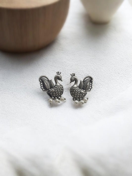 Quirky Keki Small Pearl Studs – Oxidized Silver Peacock Earrings