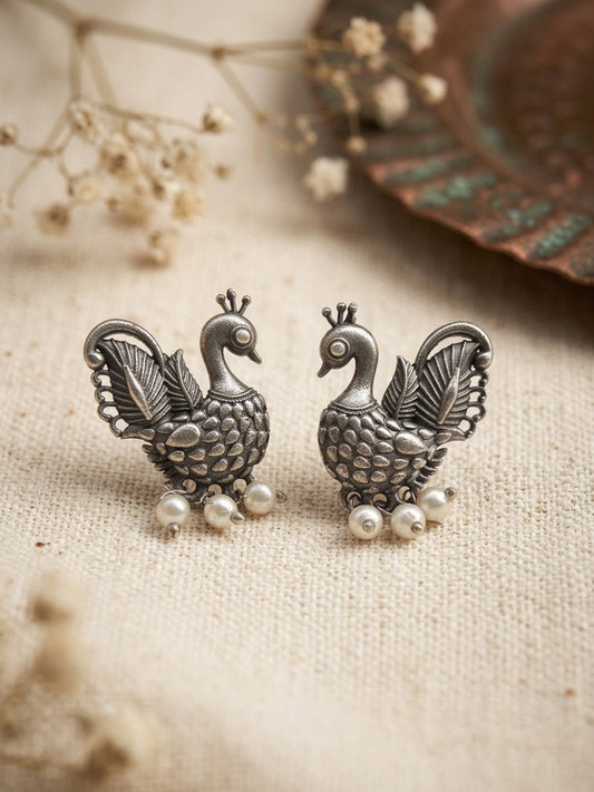 Quirky Keki Small Pearl Studs – Oxidized Silver Peacock Earrings