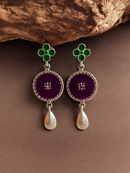 Ketki Green & Purple Hand-Painted Enamel Oxidized Dangle Earrings
