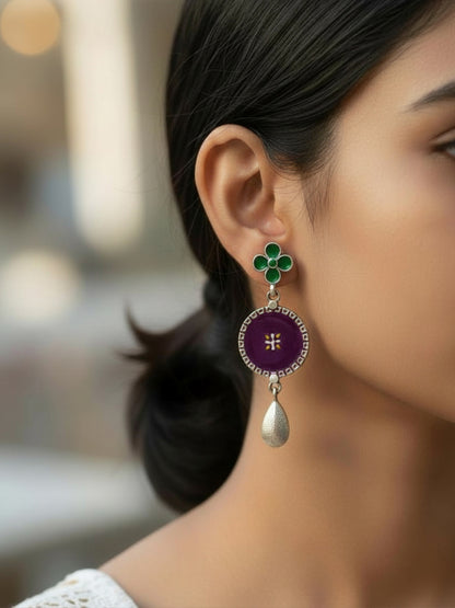Ketki Green & Purple Hand-Painted Enamel Oxidized Dangle Earrings