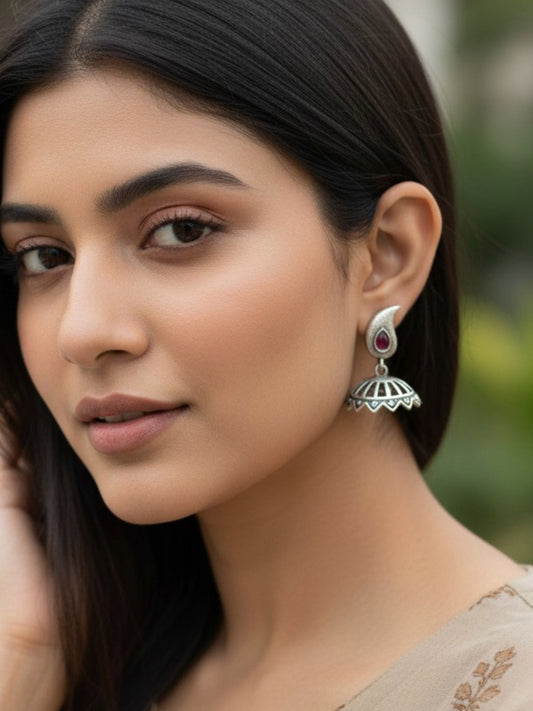 Kishi Red Monalisa Stone Small Jhumka – Oxidized Boho Earrings