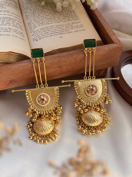 Kishika Green Kashmiri Long Ghungroo Golden Jhumka Earrings