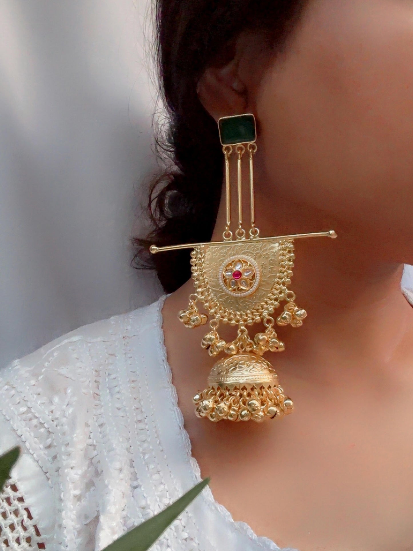 Kishika Green Kashmiri Long Ghungroo Golden Jhumka Earrings