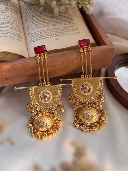 Kishika Red Kashmiri Long Ghungroo Golden Jhumka Earrings