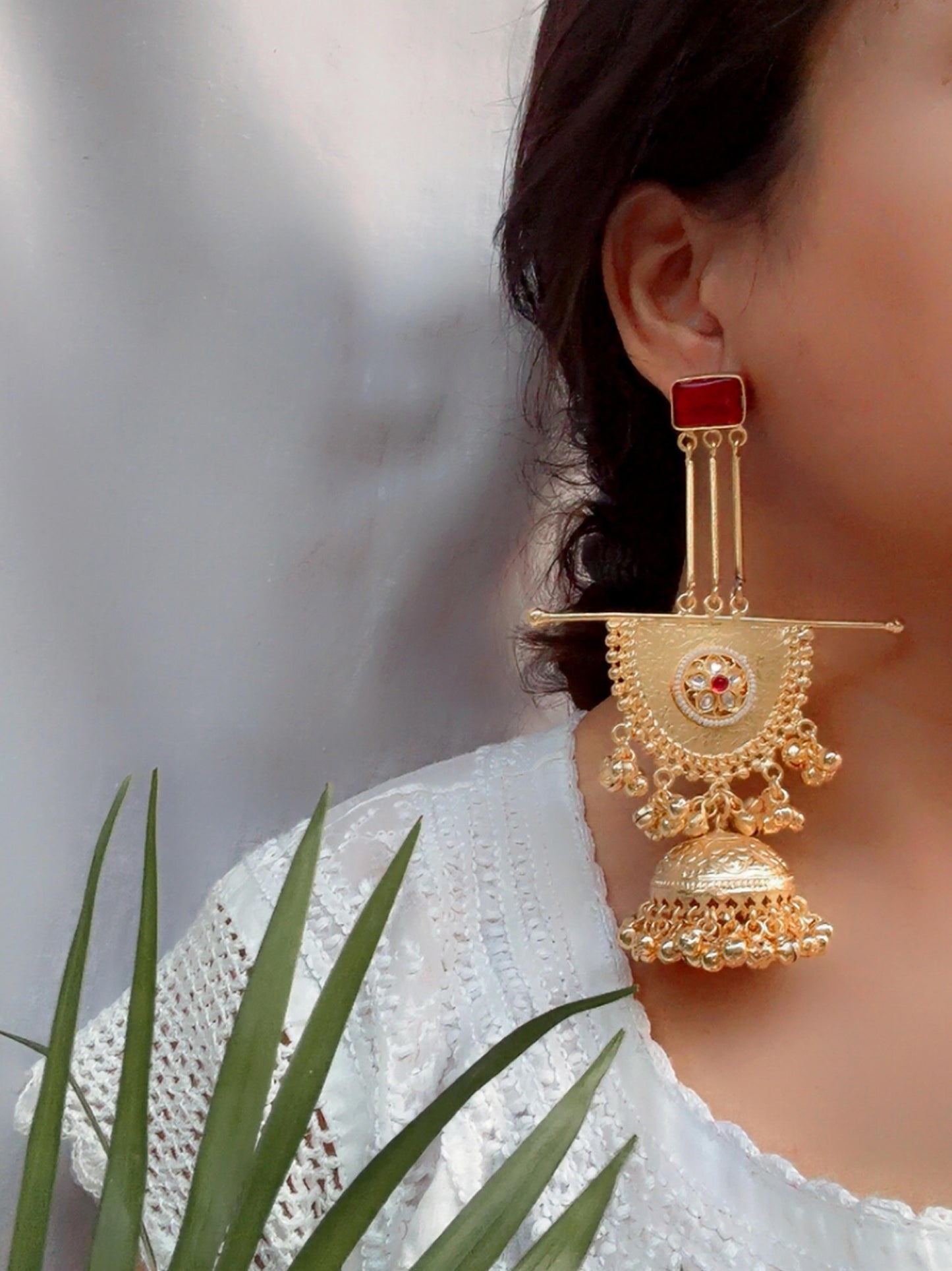 Kishika Red Kashmiri Long Ghungroo Golden Jhumka Earrings
