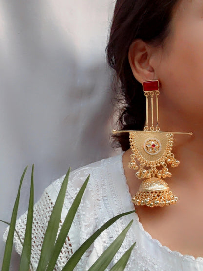 Kishika Red Kashmiri Long Ghungroo Golden Jhumka Earrings