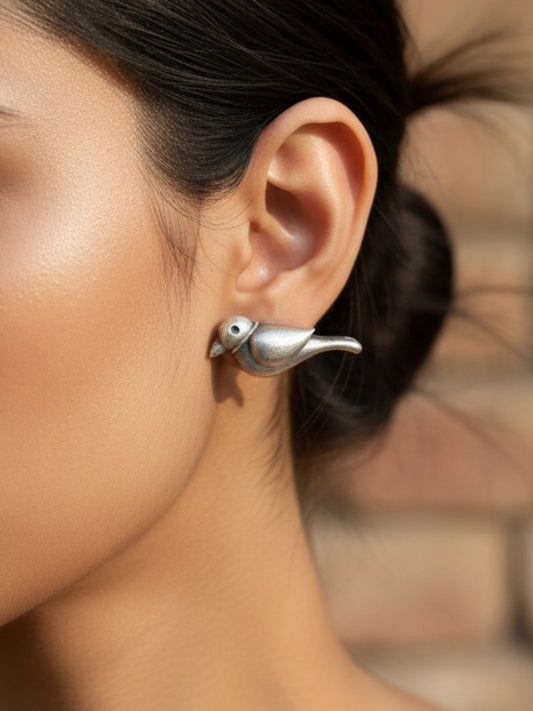 Quirky Koyal Studs – Oxidized Silver Boho Earrings