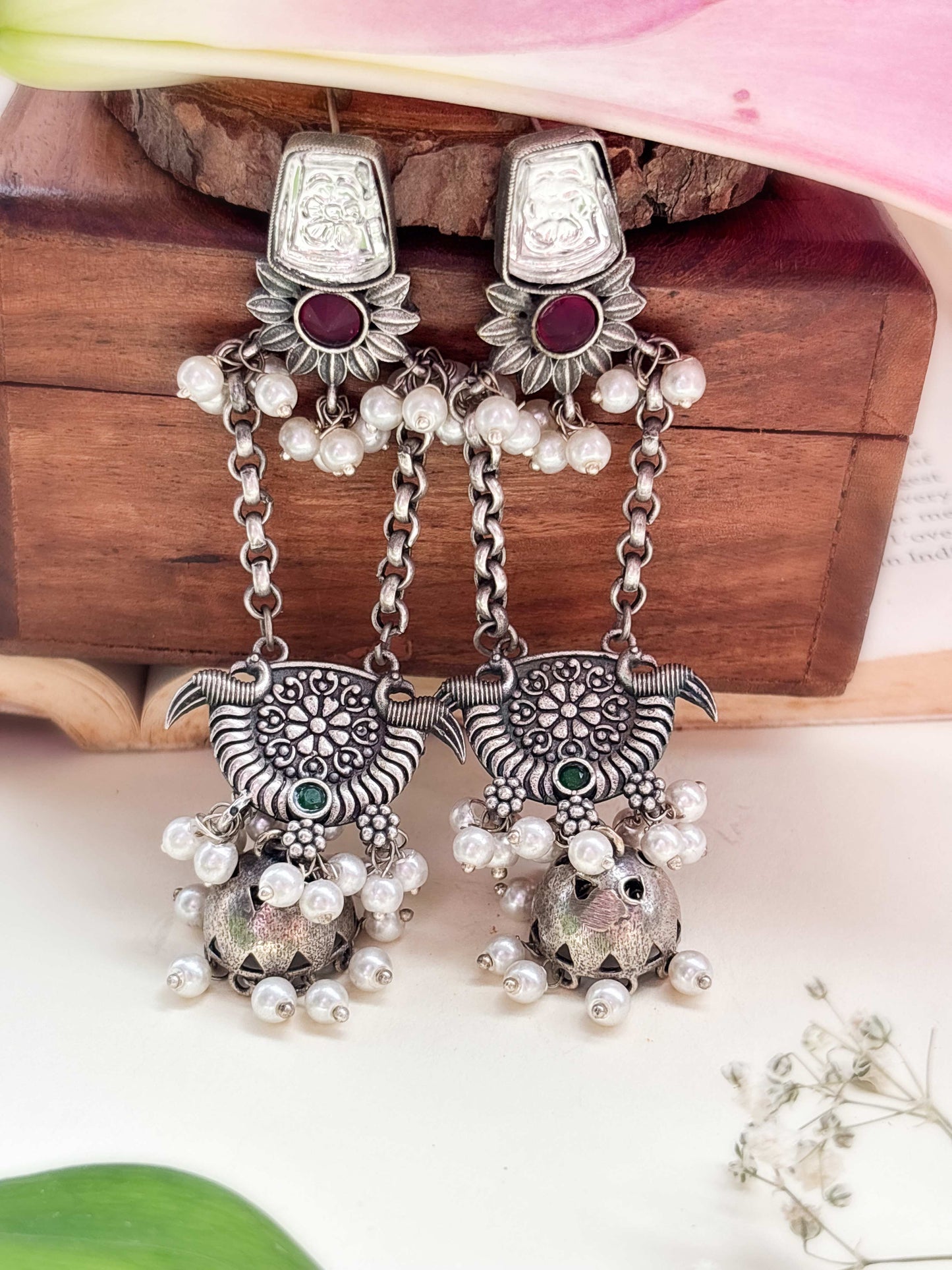 Kshanika Red Long Dangle Pearl Oxidized Earrings