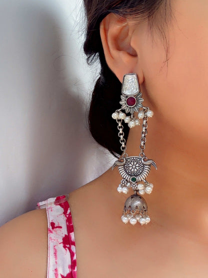 Kshanika Red Long Dangle Pearl Oxidized Earrings