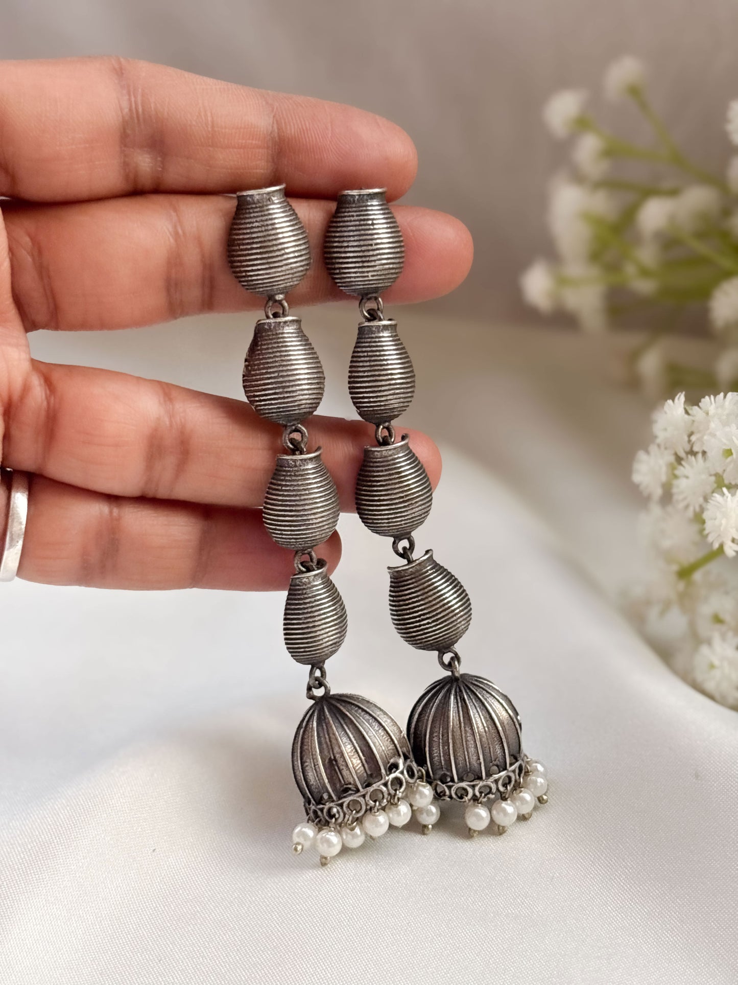 Kumbhika Pearl Long Jhumka – Oxidized Boho Earrings