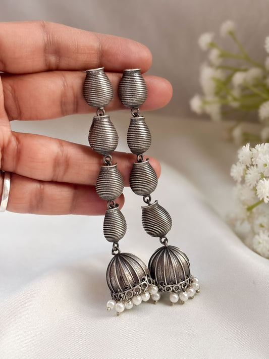 Kumbhika Pearl Long Jhumka – Oxidized Boho Earrings