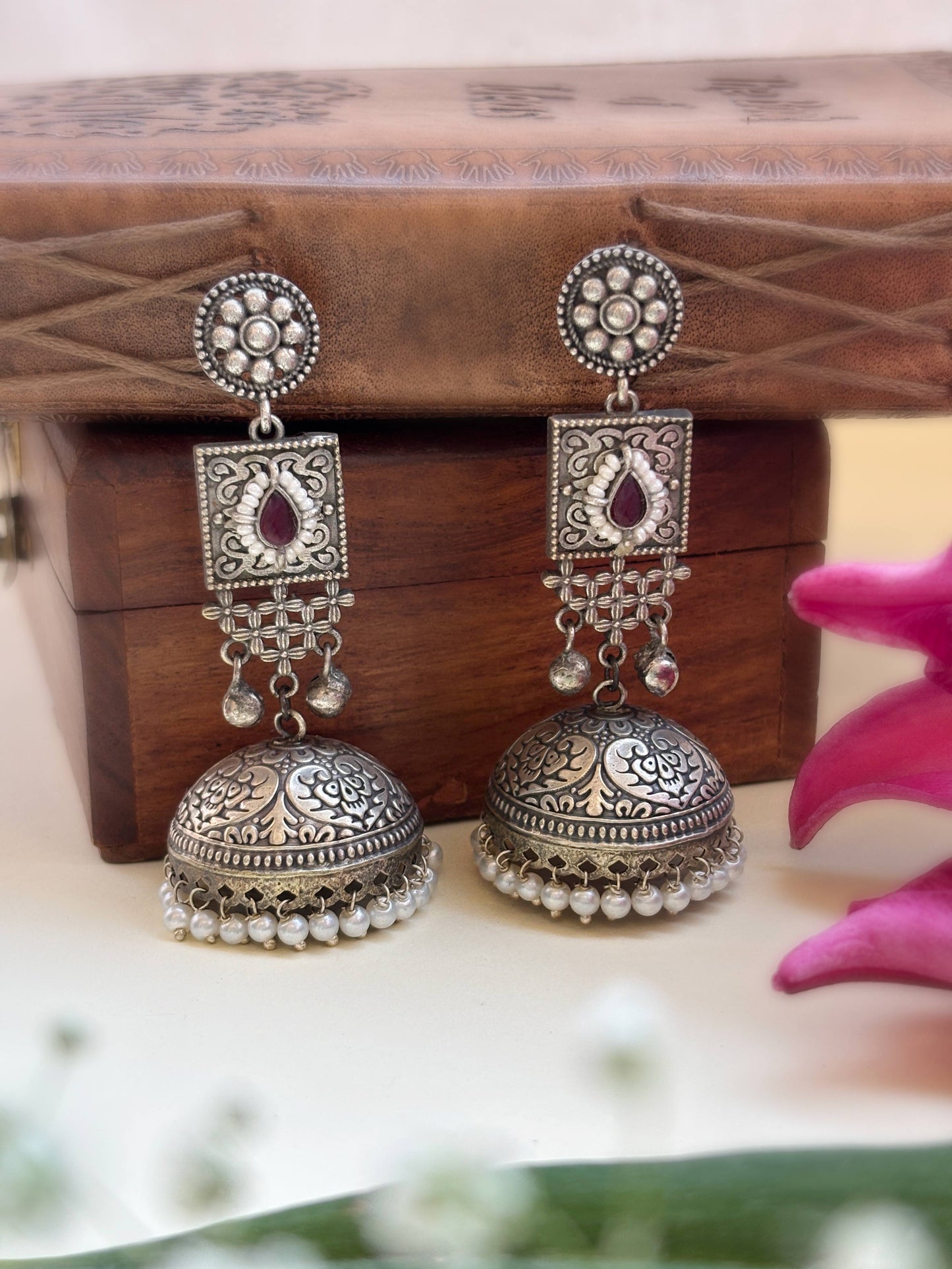 Lila Red Monalisa Stone Silver Pearl Jhumka – Oxidized Boho Earrings