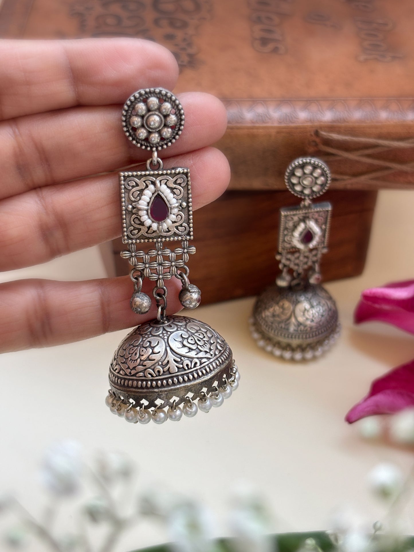 Lila Red Monalisa Stone Silver Pearl Jhumka – Oxidized Boho Earrings
