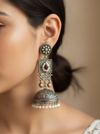 Lila Red Monalisa Stone Silver Pearl Jhumka – Oxidized Boho Earrings