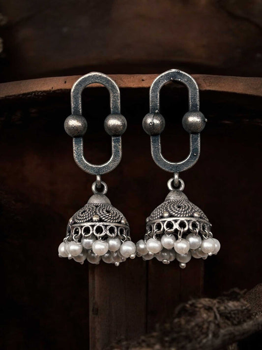 Loop Small Pearl Oxidized Brass Jhumki Earrings