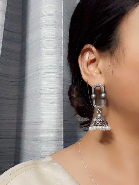 Loop Small Pearl Oxidized Brass Jhumki Earrings